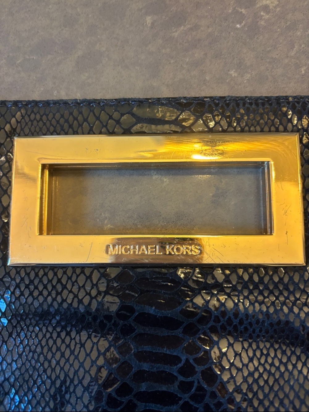 Michael Kors Black Snake-Embossed Clutch with Gold Frame - Picture 3 of 4